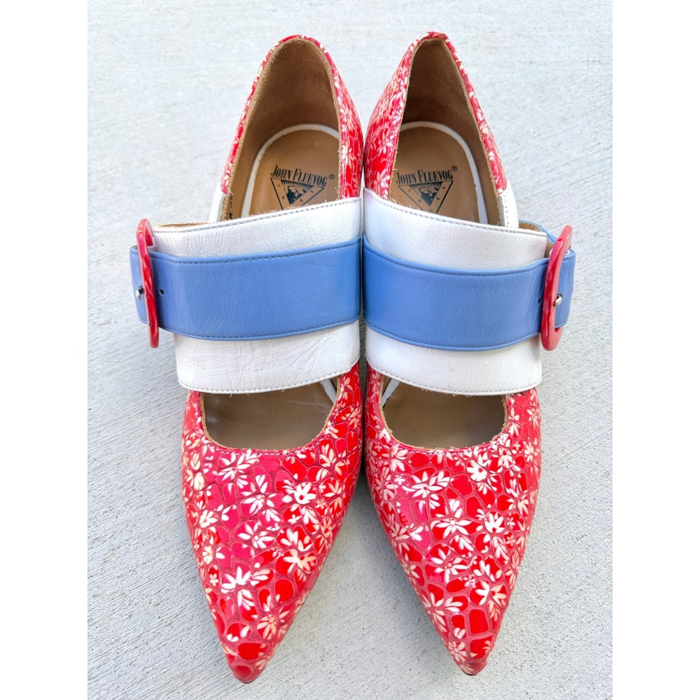 John Fluevog Effortless Felicity Floral Buckle Pumps Red White Block Heels 7.5 - Picture 3 of 9